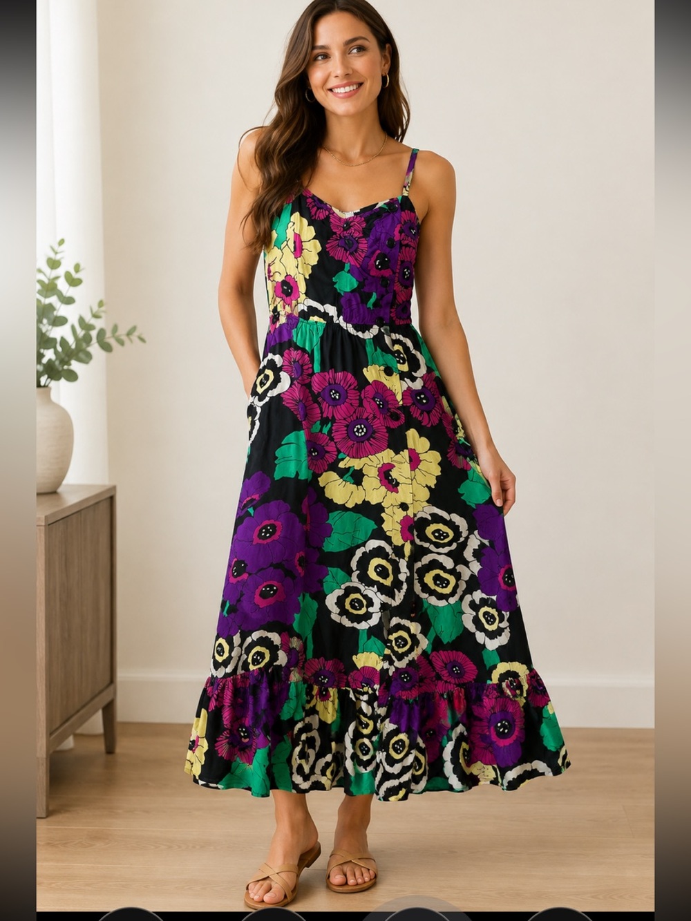 Kimchi Blue 100% Silk Maxi Dress with Purple, Green & Yellow Floral Print